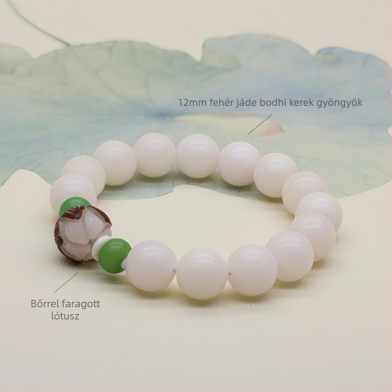 Természetes fehér jade Bodhi gyökerű karkötő buddhista gyöngyökkel, szantalfa lótuszmaggal és koromozott Bodhi gyöngyökkel