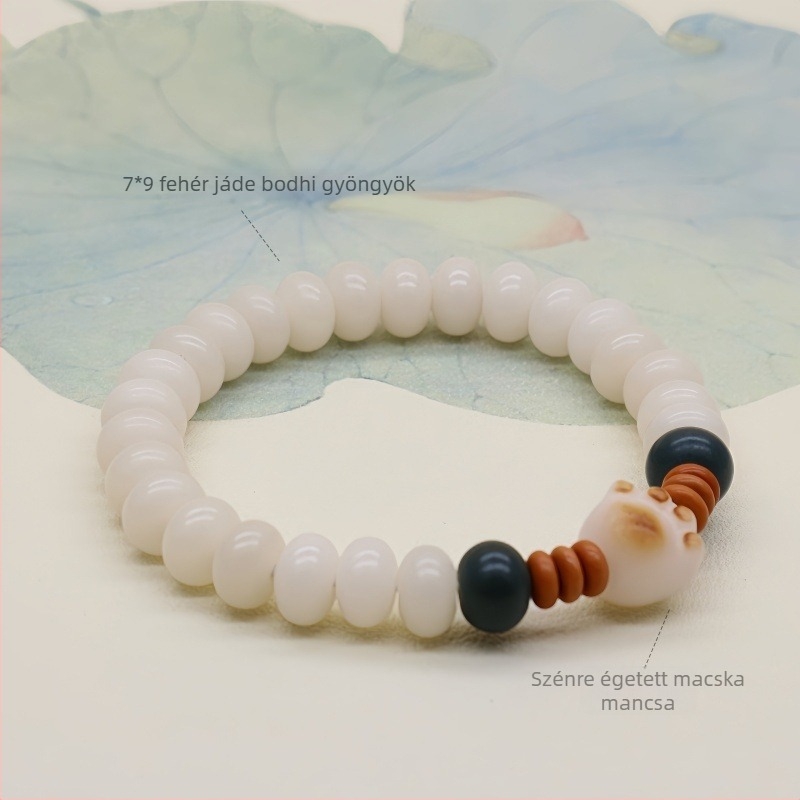 Természetes fehér jade Bodhi gyökerű karkötő buddhista gyöngyökkel, szantalfa lótuszmaggal és koromozott Bodhi gyöngyökkel