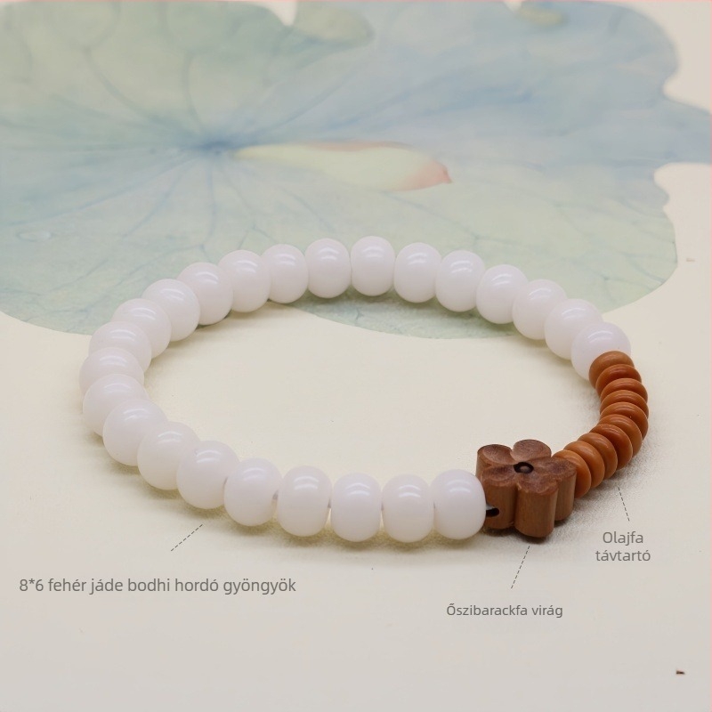 Természetes fehér jade Bodhi gyökerű karkötő buddhista gyöngyökkel, szantalfa lótuszmaggal és koromozott Bodhi gyöngyökkel