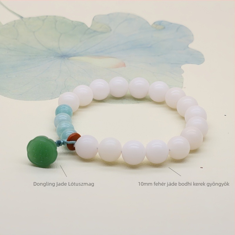 Természetes fehér jade Bodhi gyökerű karkötő buddhista gyöngyökkel, szantalfa lótuszmaggal és koromozott Bodhi gyöngyökkel