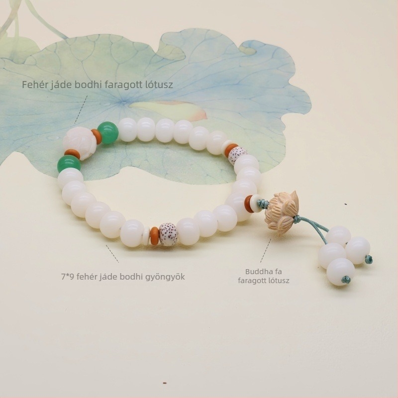 Természetes fehér jade Bodhi gyökerű karkötő buddhista gyöngyökkel, szantalfa lótuszmaggal és koromozott Bodhi gyöngyökkel