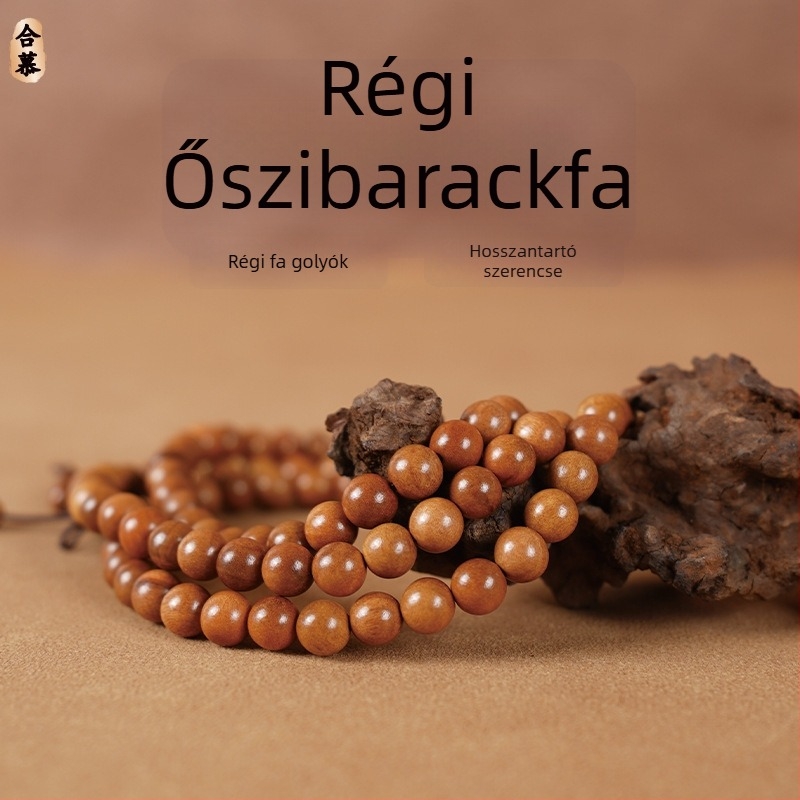 Őszibarackfa 108 gyöngyös buddhista karkötő, etnikus stílus, polírozott felület, félig kézi és félig gépi megmunkálás