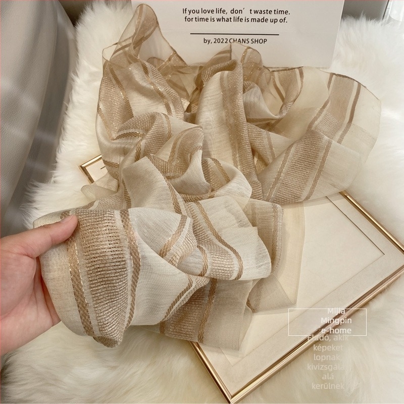 Selyem és akril keverék sál aranyszálas csíkokkal, hímzett, warp knitted technikával, Hangzhou eredet