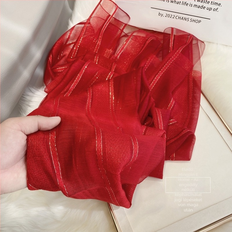 Selyem és akril keverék sál aranyszálas csíkokkal, hímzett, warp knitted technikával, Hangzhou eredet