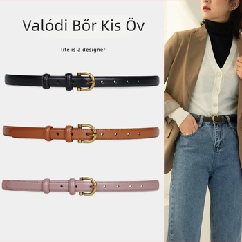 Valódi bőr női farmeröv, két réteg marhabőrből, ötvözetes csat, tűzáras zár, keskeny szélesség