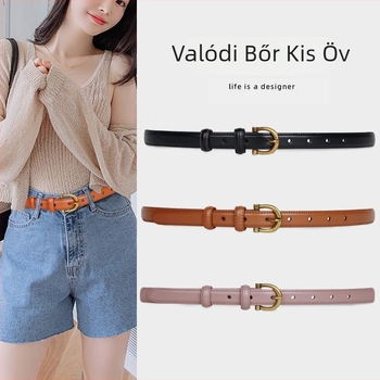 Valódi bőr női farmeröv, két réteg marhabőrből, ötvözetes csat, tűzáras zár, keskeny szélesség