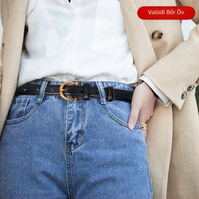 Valódi bőr női farmeröv, két réteg marhabőrből, ötvözetes csat, tűzáras zár, keskeny szélesség