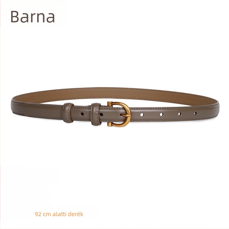 Valódi bőr női farmeröv, két réteg marhabőrből, ötvözetes csat, tűzáras zár, keskeny szélesség