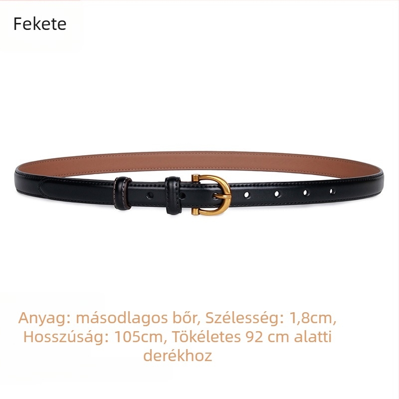 Valódi bőr női farmeröv, két réteg marhabőrből, ötvözetes csat, tűzáras zár, keskeny szélesség