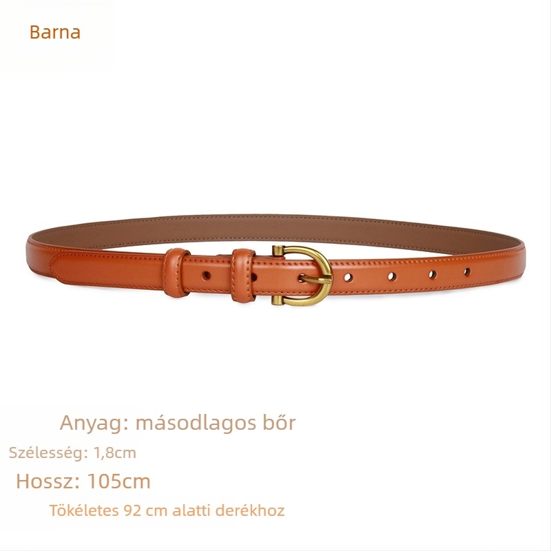Valódi bőr női farmeröv, két réteg marhabőrből, ötvözetes csat, tűzáras zár, keskeny szélesség