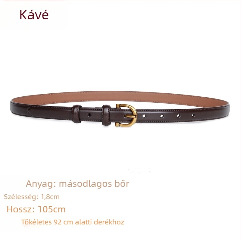 Valódi bőr női farmeröv, két réteg marhabőrből, ötvözetes csat, tűzáras zár, keskeny szélesség