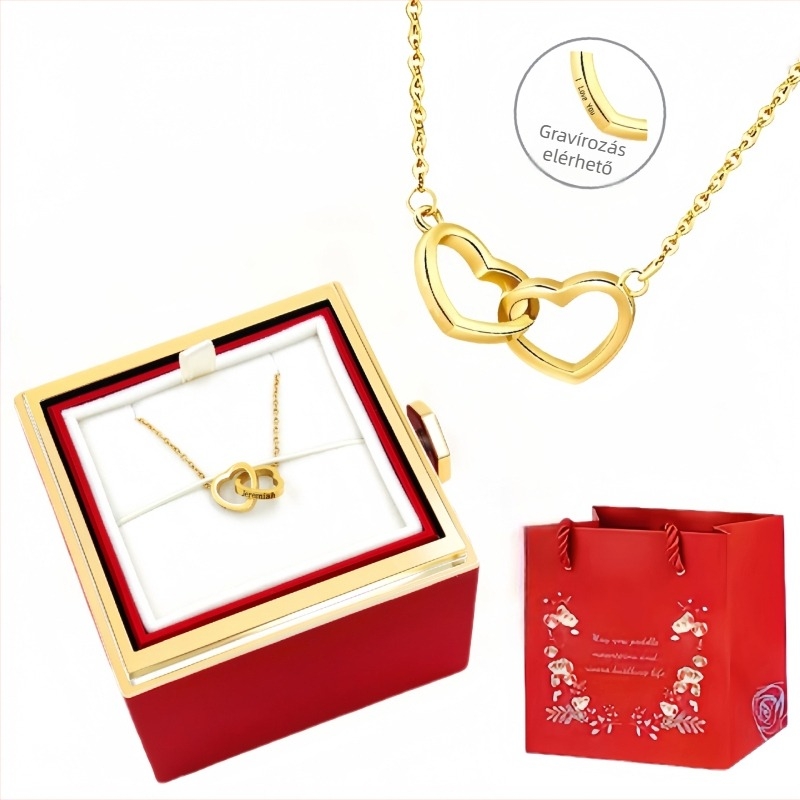 Titánacélból készült nyaklánc két szív dizájnnal, szív alakú medállal, keresztlánc stílusú, súly 5 g