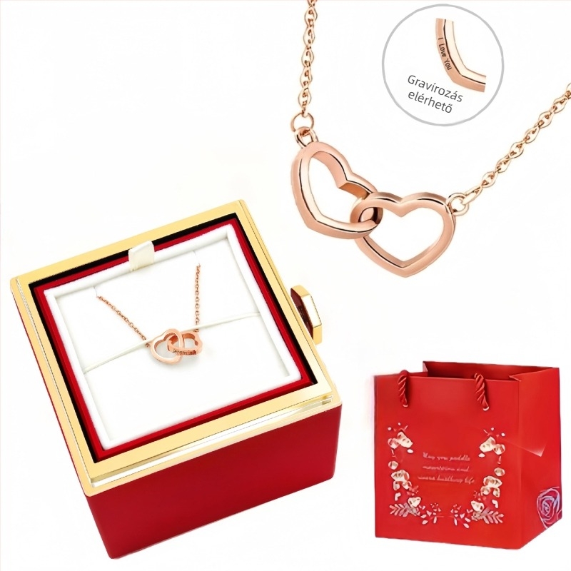 Titánacélból készült nyaklánc két szív dizájnnal, szív alakú medállal, keresztlánc stílusú, súly 5 g