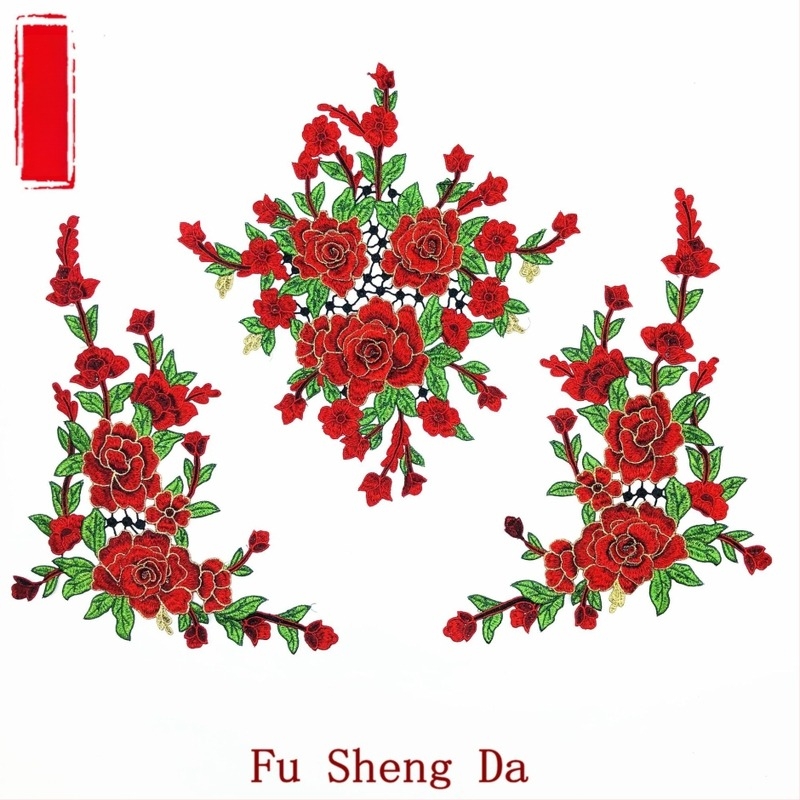 Gomblyukhoz virág applikáció vízoldható hímzéssel, háromdimenziós laminálással, poliészter filament, Fusheng Da márka