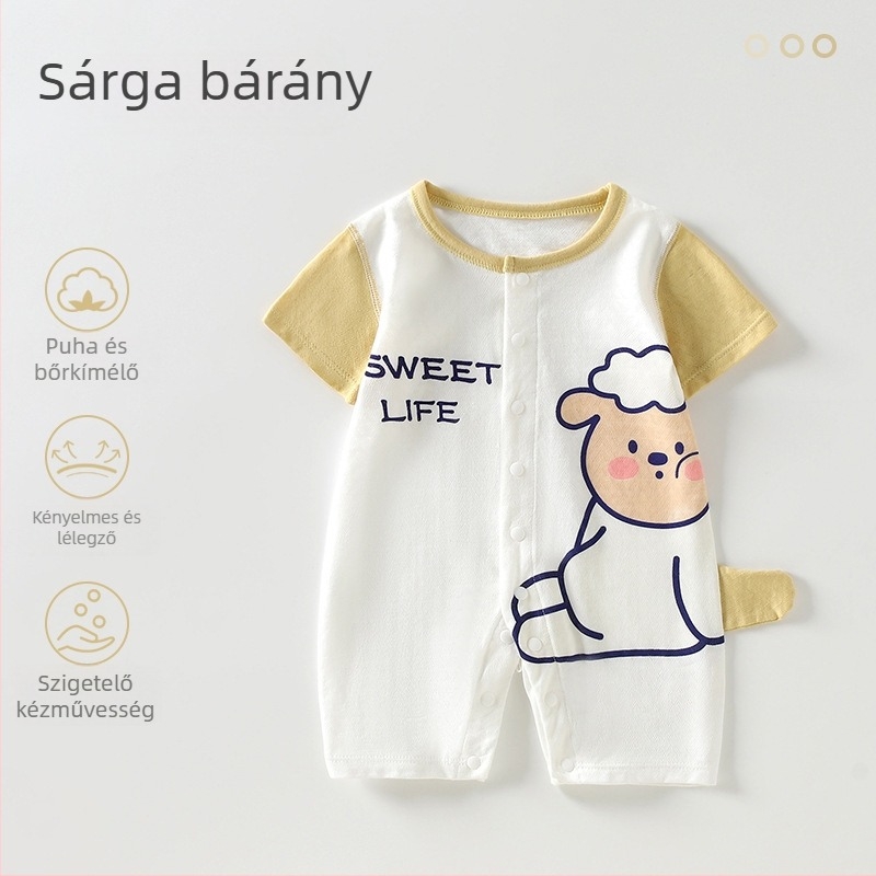 Újszülött rövid ujjú romper – vékony nyári Modal anyag, keverék regenerált cellulóz rostokkal (41% pamut, 41% regenerált rost, 18% nylon), uniszex, elől egykapcsos záródás
