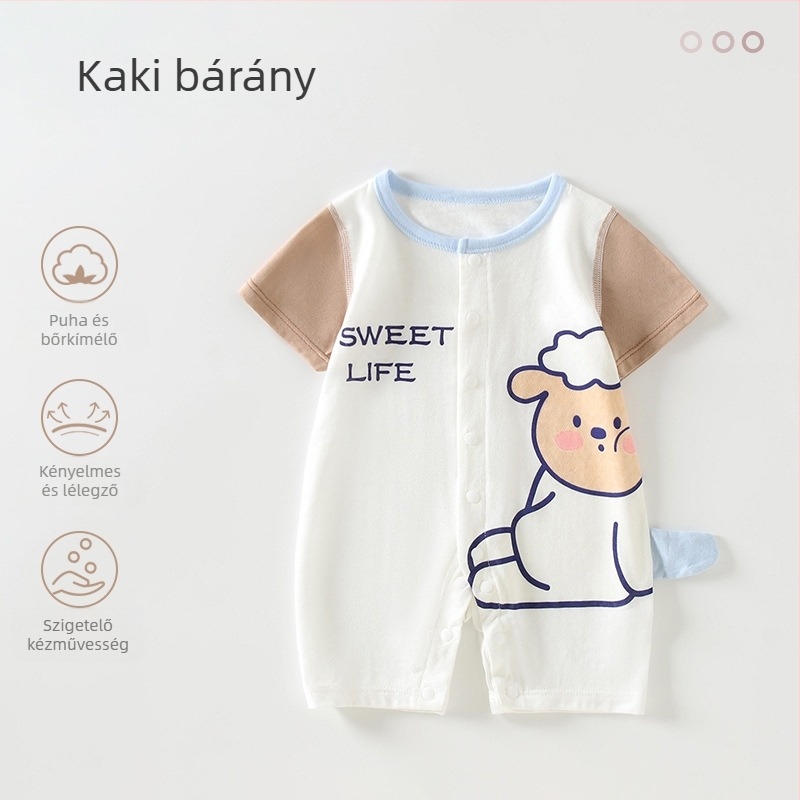 Újszülött rövid ujjú romper – vékony nyári Modal anyag, keverék regenerált cellulóz rostokkal (41% pamut, 41% regenerált rost, 18% nylon), uniszex, elől egykapcsos záródás