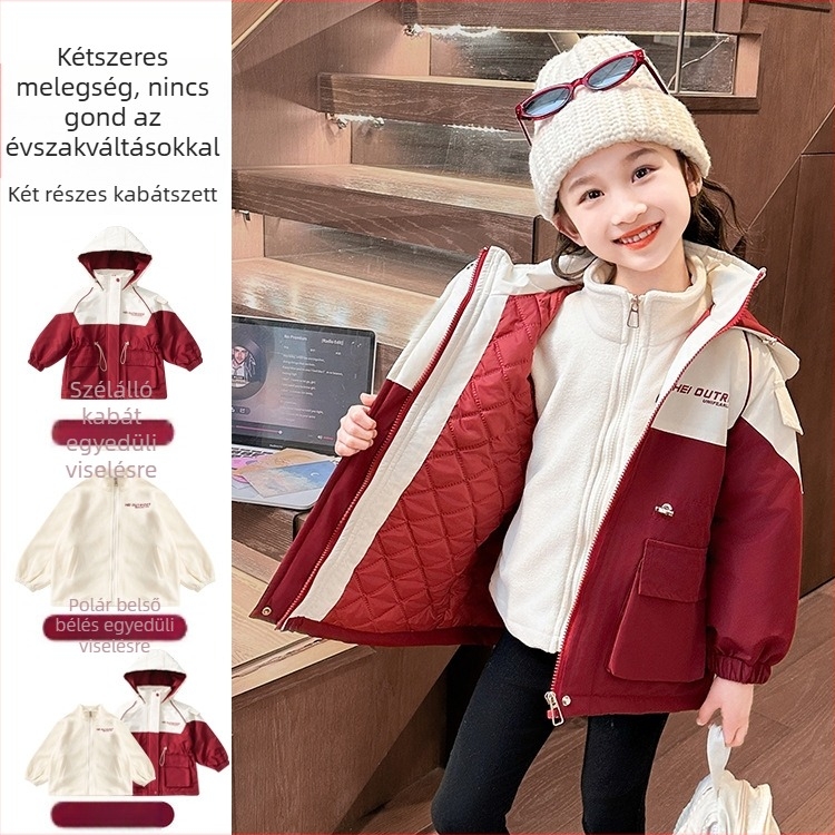 Lányoknak készült betűmintás kapucnis dzseki, cipzárral és álló gallérral, őszi-téli 2025