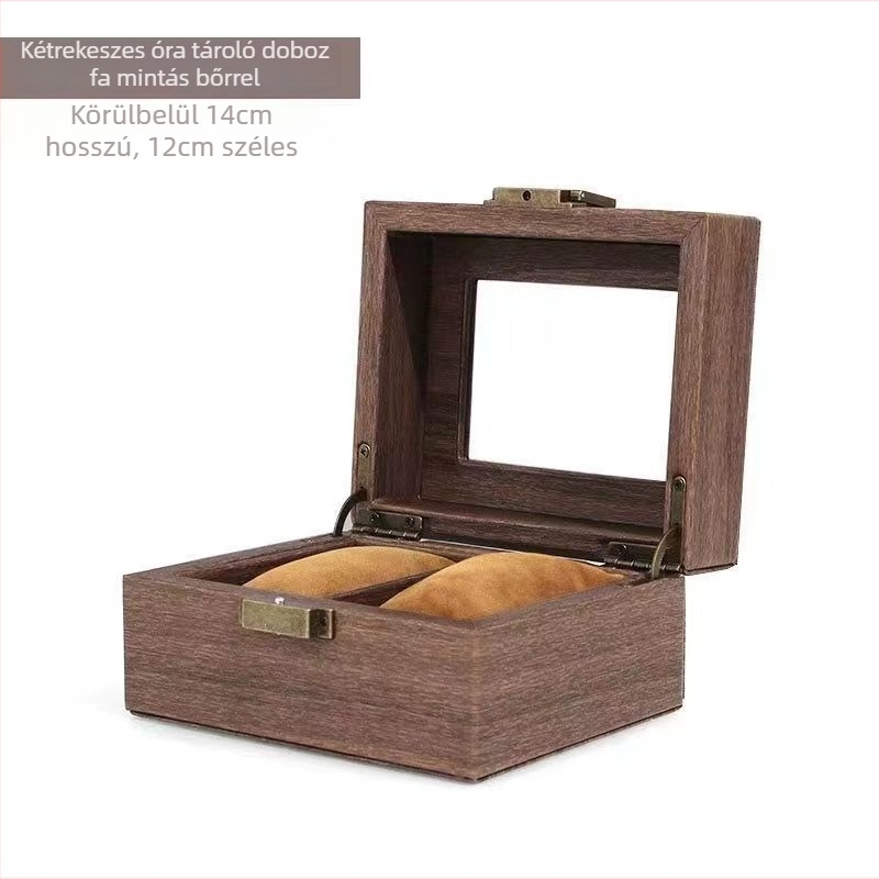 12 rekeszes óra tároló doboz retro fa textúrájú PU bőrrel, die-cut kivitelezés, fa mintázatú bőr modell, ékszerkijelző
