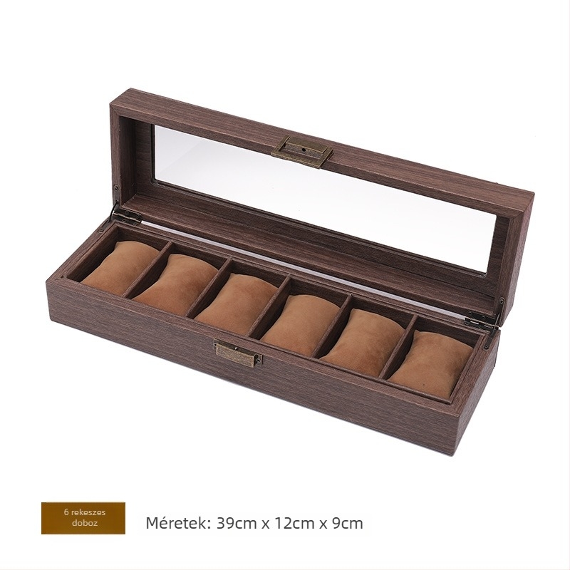 12 rekeszes óra tároló doboz retro fa textúrájú PU bőrrel, die-cut kivitelezés, fa mintázatú bőr modell, ékszerkijelző