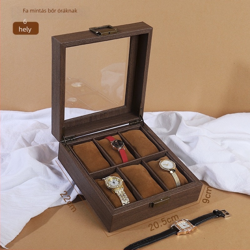 12 rekeszes óra tároló doboz retro fa textúrájú PU bőrrel, die-cut kivitelezés, fa mintázatú bőr modell, ékszerkijelző