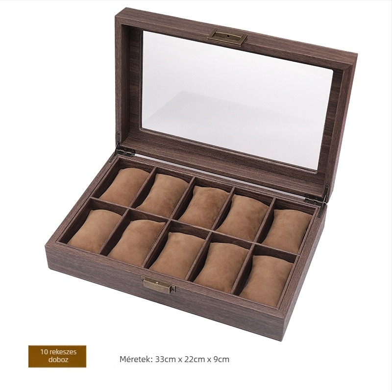 12 rekeszes óra tároló doboz retro fa textúrájú PU bőrrel, die-cut kivitelezés, fa mintázatú bőr modell, ékszerkijelző