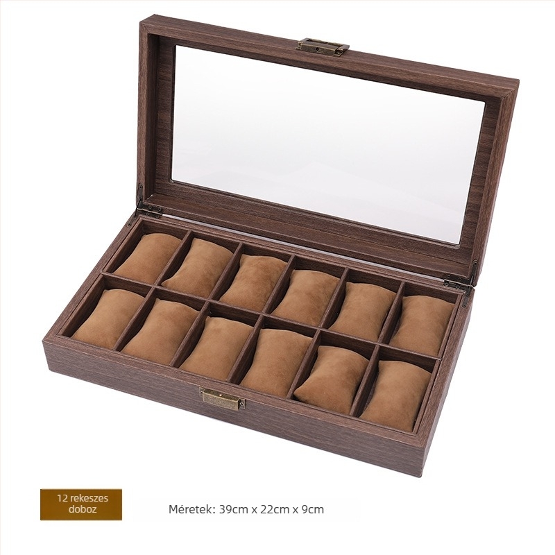 12 rekeszes óra tároló doboz retro fa textúrájú PU bőrrel, die-cut kivitelezés, fa mintázatú bőr modell, ékszerkijelző