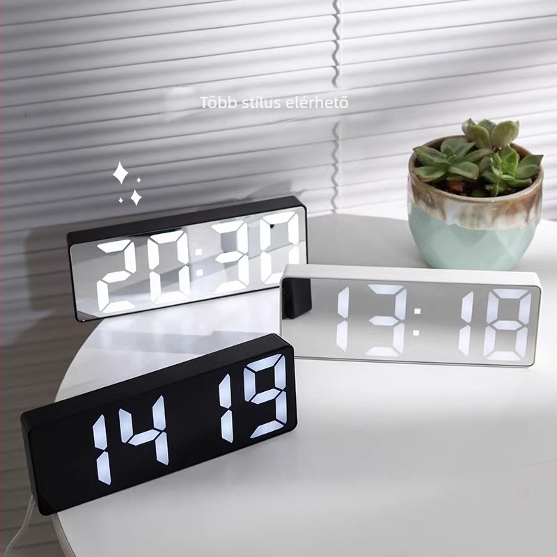 Asztali ébresztőóra világító kijelzővel, naptárral, LCD számjegy-kijelzővel, elemmel működik, egyszerű modern dizájn