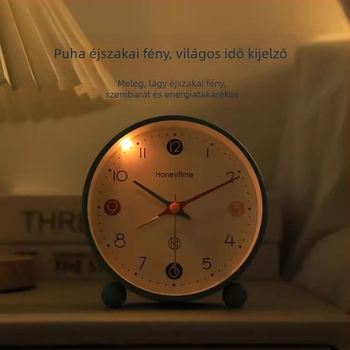 Gyerekeknek szánt asztali ébresztőóra - rajzfilm-stílusú, analóg kijelzővel, elemről működik, világító és ébresztő funkcióval
