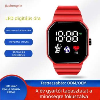 Digitális sportos karóra négyzet alakú tárcsával, elektronikus működés, TPU szíj, műanyag tokkal.