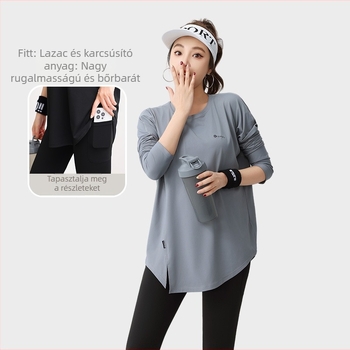 Zolandi fitnesz yoga hosszú ujjú felső, lazább szabás, nedvszívó poliészter-spandex anyag, hossz 70 cm