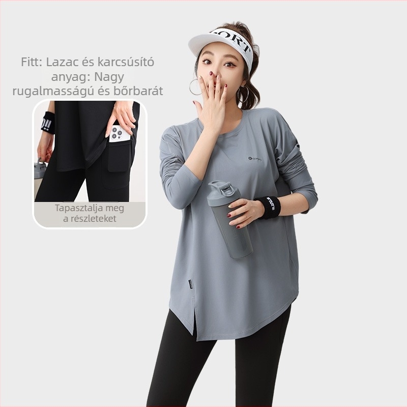 Zolandi fitnesz yoga hosszú ujjú felső, lazább szabás, nedvszívó poliészter-spandex anyag, hossz 70 cm