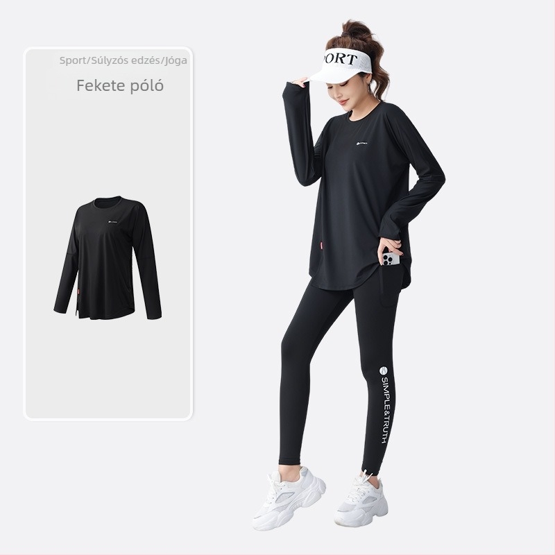 Zolandi fitnesz yoga hosszú ujjú felső, lazább szabás, nedvszívó poliészter-spandex anyag, hossz 70 cm