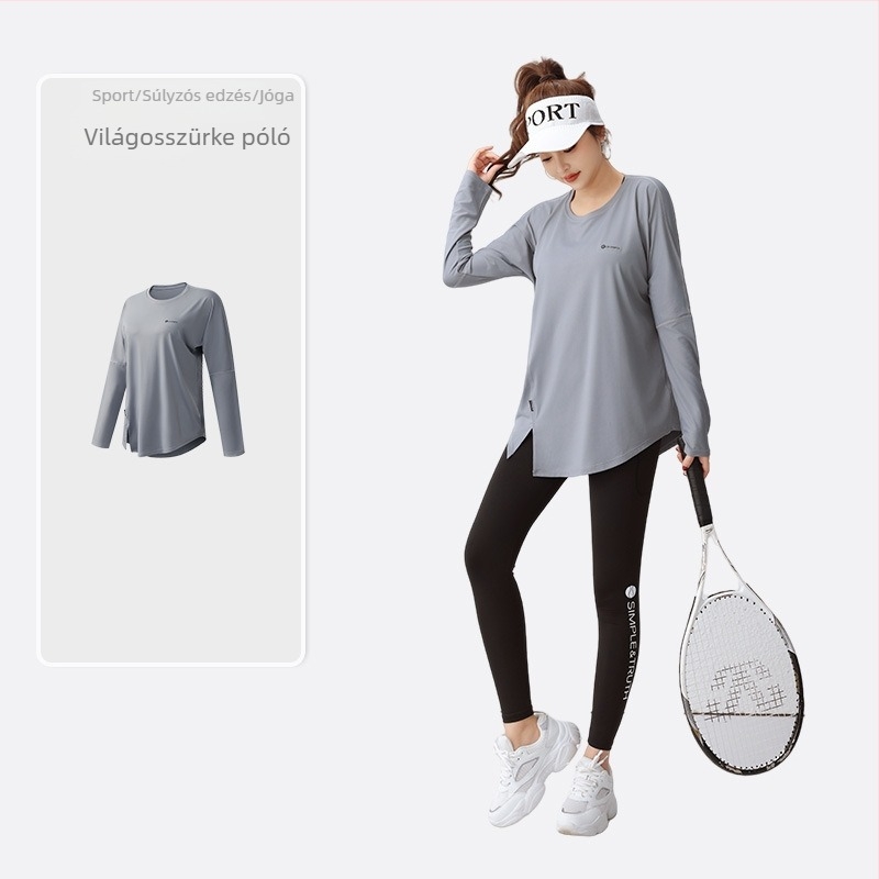 Zolandi fitnesz yoga hosszú ujjú felső, lazább szabás, nedvszívó poliészter-spandex anyag, hossz 70 cm