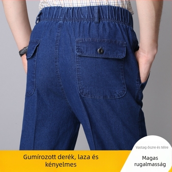 Középkorú férfiak számára tervezett farmernadrág, magas derék, mély ülés, laza szabás, elasztikus derék, mindennapi viselet, pamut‑keverék