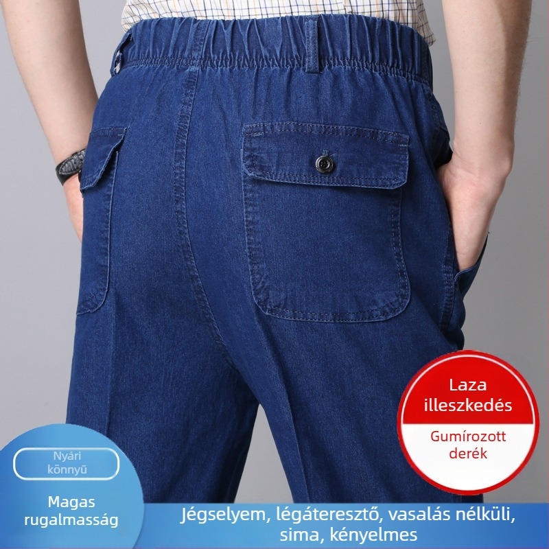 Középkorú férfiak számára tervezett farmernadrág, magas derék, mély ülés, laza szabás, elasztikus derék, mindennapi viselet, pamut‑keverék