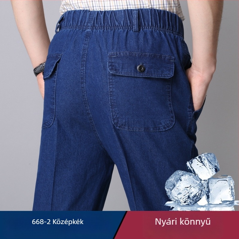 Középkorú férfiak számára tervezett farmernadrág, magas derék, mély ülés, laza szabás, elasztikus derék, mindennapi viselet, pamut‑keverék