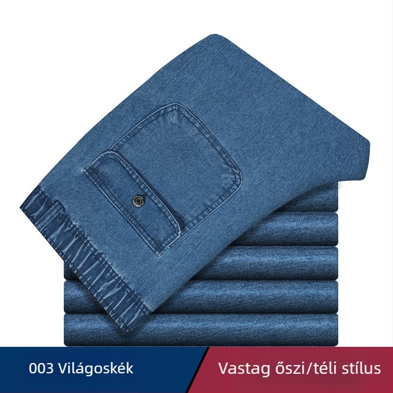 Középkorú férfiak számára tervezett farmernadrág, magas derék, mély ülés, laza szabás, elasztikus derék, mindennapi viselet, pamut‑keverék