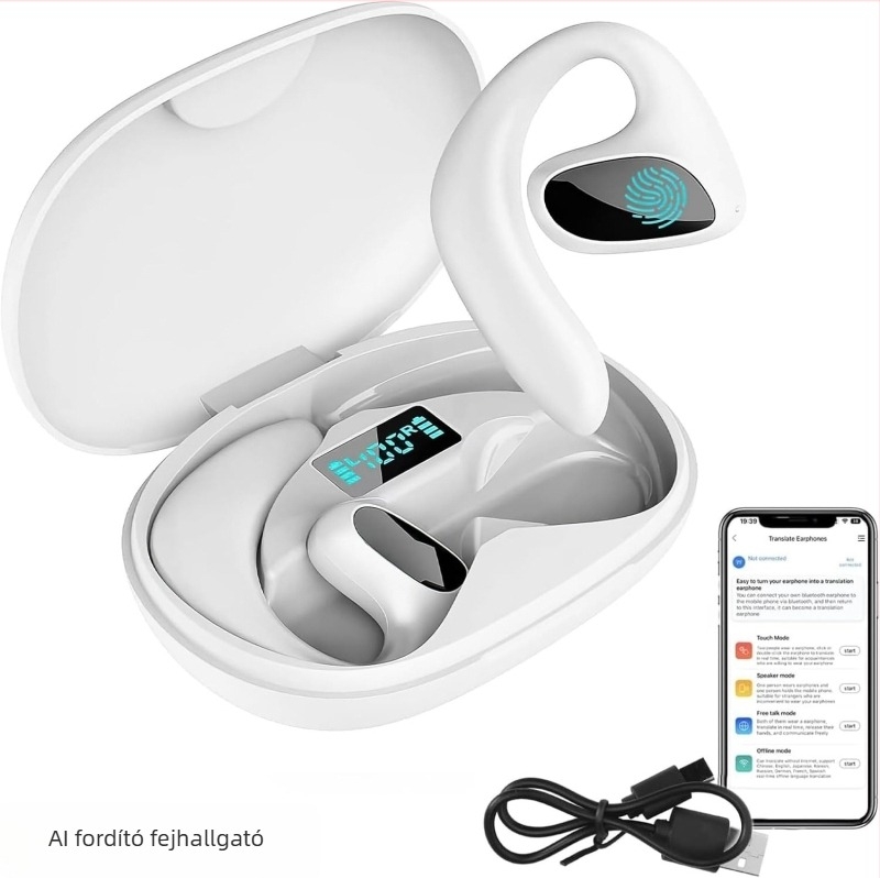 AI valós idejű fordítással rendelkező fülhallgatók, fülre helyezhetők, Bluetooth 5.0, IPX3 vízálló, 15 m hatótávolság, 4–8 órás üzemidő