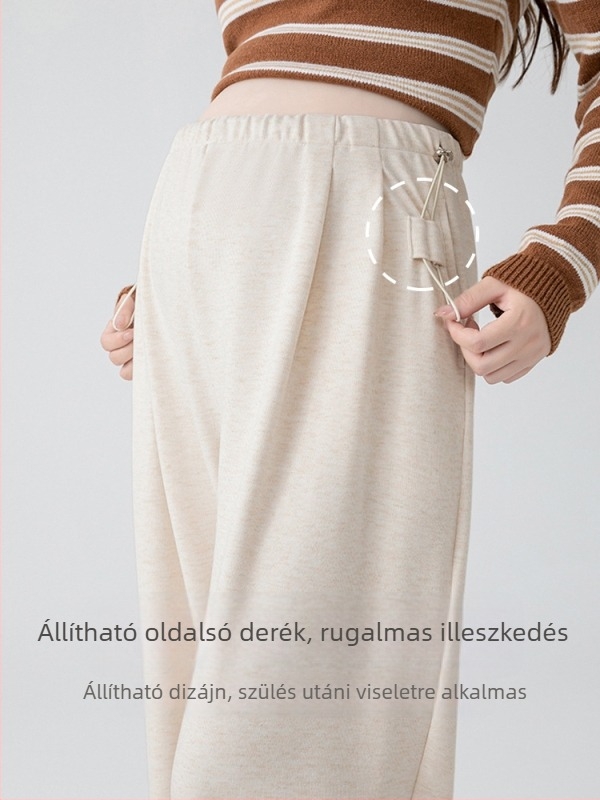 Kismama nadrág gyapjúkeverékből, vastag fleece bélés, laza szabású, magas derekú, pocak-támogatás, őszi-téli
