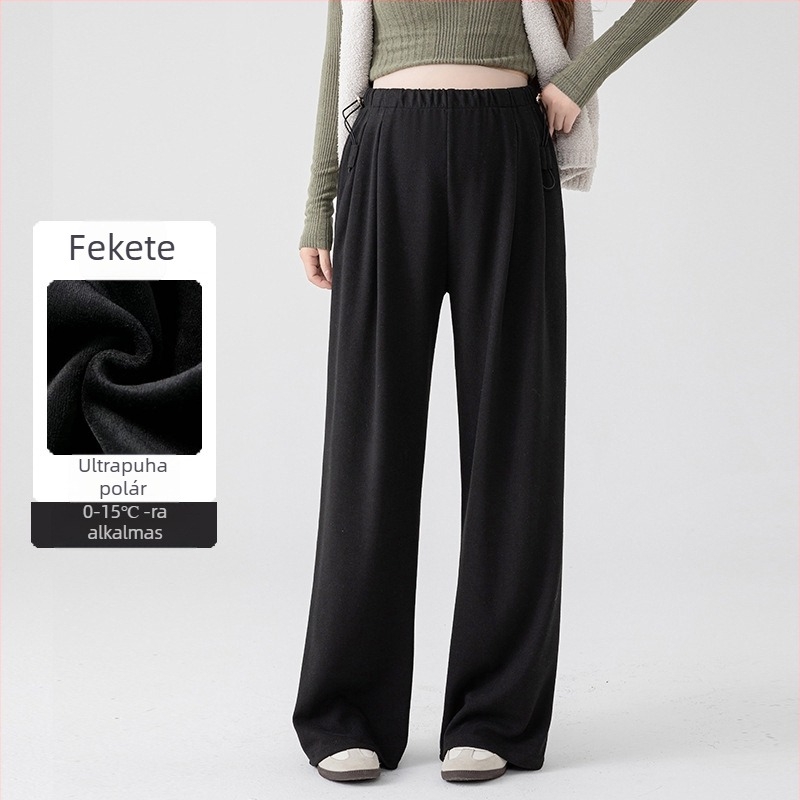 Kismama nadrág gyapjúkeverékből, vastag fleece bélés, laza szabású, magas derekú, pocak-támogatás, őszi-téli