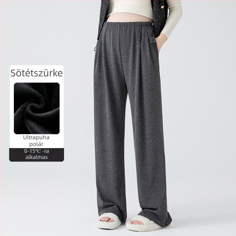 Kismama nadrág gyapjúkeverékből, vastag fleece bélés, laza szabású, magas derekú, pocak-támogatás, őszi-téli