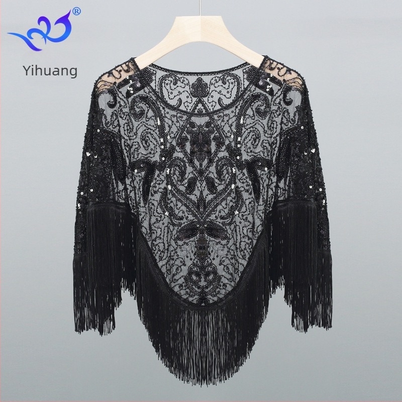 Plusz méretű hálós köpeny bojttal, szabálytalan sál-pulóver poncsó, cheongsam-stílusú ruha