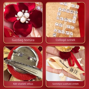 Esküvői corsage készlet selyem virágokkal, kézzel készített kitűzők a menyasszony, a vőlegény és a szülők számára