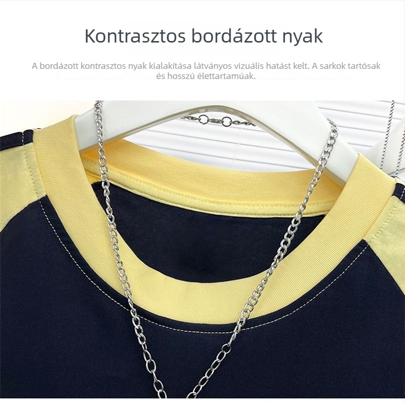 Pamut Color-block Raglán ujjú póló, kerek nyakú, lazán szabott, középhosszú