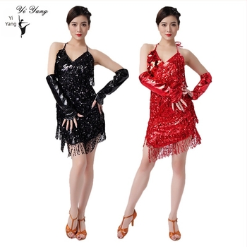 Színpadi latin táncruha bojtokkal és flitterekkel, hát nélküli, 95% poliészter / 5% spandex, női, latin versenyekhez