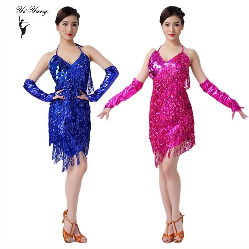 Színpadi latin táncruha bojtokkal és flitterekkel, hát nélküli, 95% poliészter / 5% spandex, női, latin versenyekhez