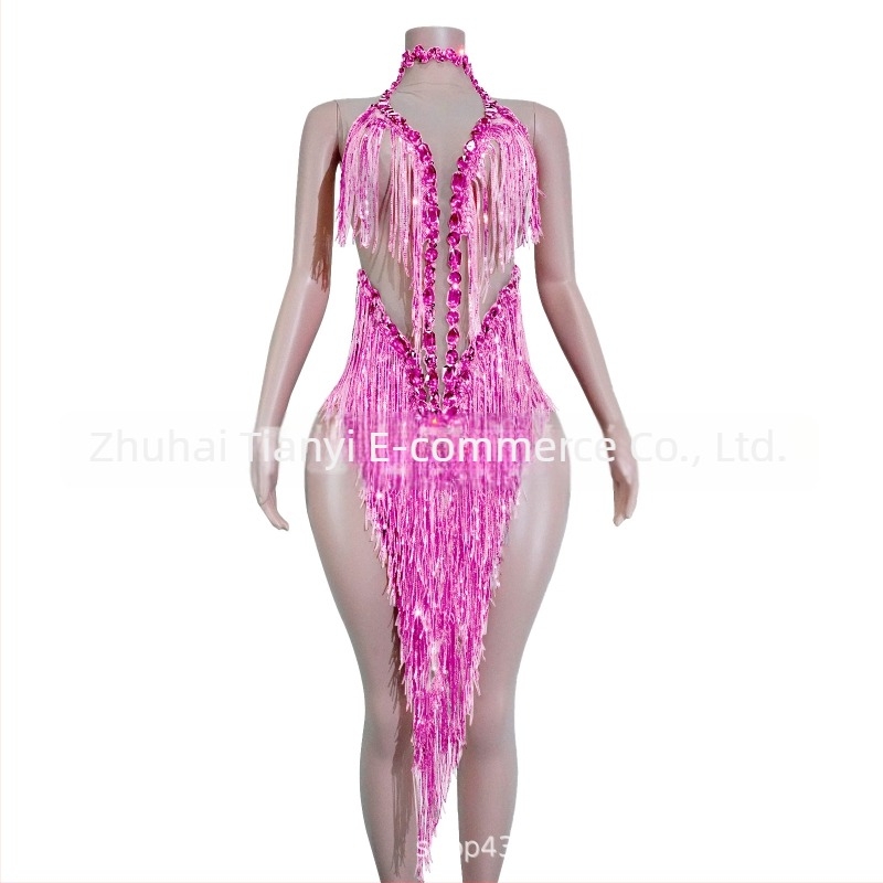 Női hálószövéses ruha csillogó kövekkel és bojtokkal – színpadi latin táncra szánt kosztüm, európai és amerikai stílus, 2025 ősz, poliészter-spandex-pamut keverék