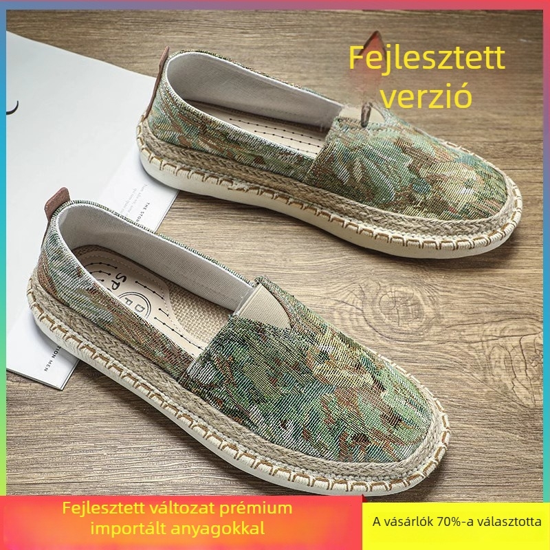 Férfi vászon Slip-On cipő, légáteresztő, csúszásmentes talp, felsőrész textil, gumírozott talp, nyár