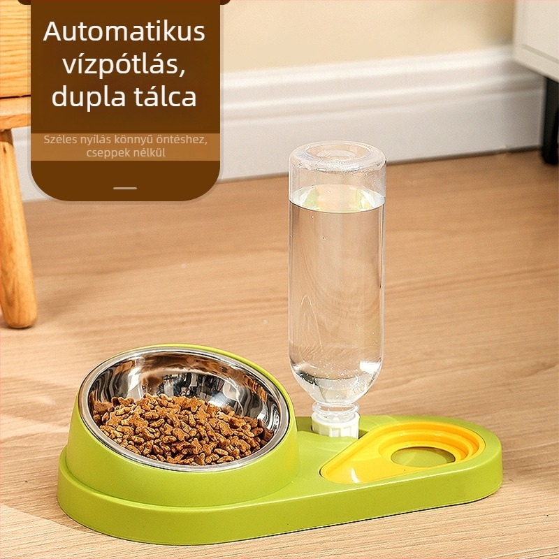 Macska etető készlet kettős tálakkal, műanyag + rozsdamentes acél, automata etetés, háziállat étkezési eszközök