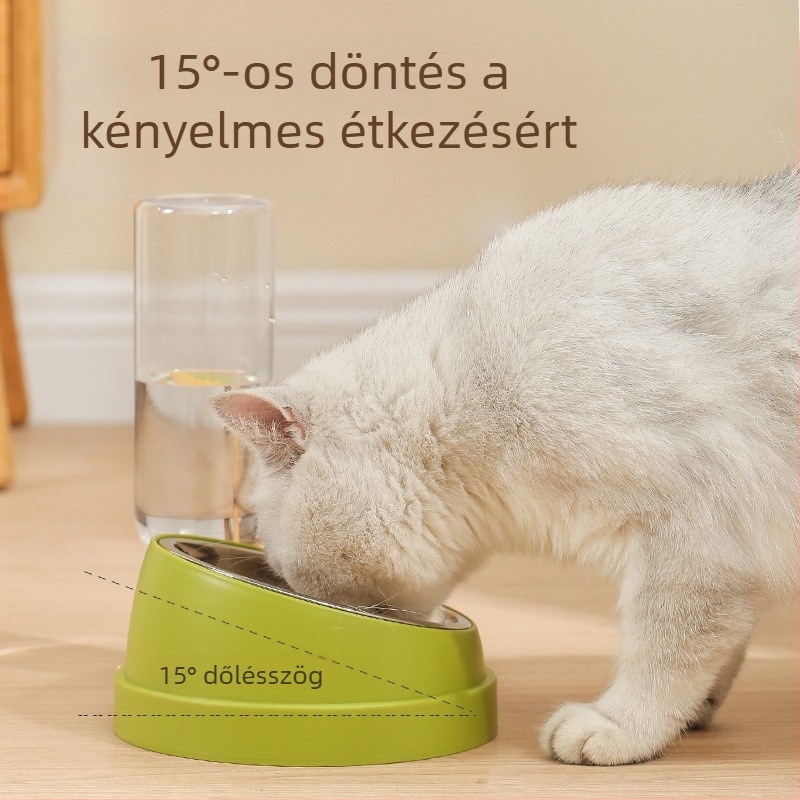Macska etető készlet kettős tálakkal, műanyag + rozsdamentes acél, automata etetés, háziállat étkezési eszközök